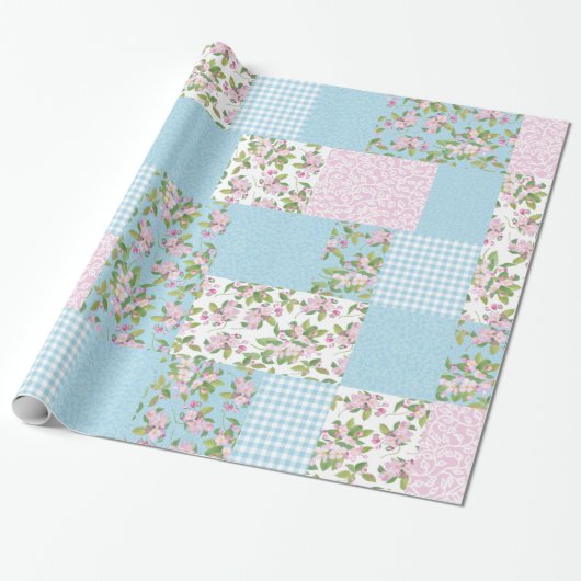 Apple Blossom Rosa, Blau, Grüne Imitate Patchwork Geschenkpapier (Ungerollt)
