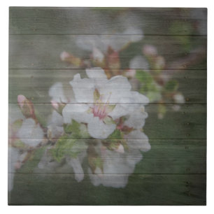 Apple-Blüten und verwittertes Holz Fliese