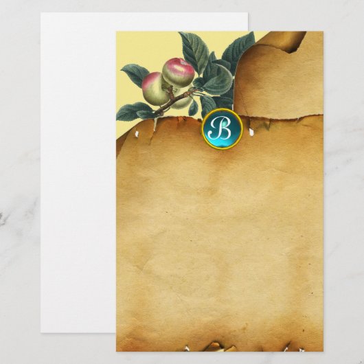 APPLE BRANCH, Pergament Blue Gemstone Monogram Briefpapier (Vorne/Hinten)