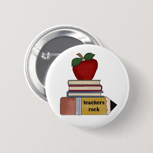Apple, Bücher, Bleistift-Lehrer-Felsen Button (Vorne & Hinten)