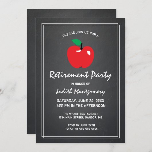 Apple Chalkboard Lehrer-Ruhestand Modernes Skript Einladung (Vorne/Hinten)