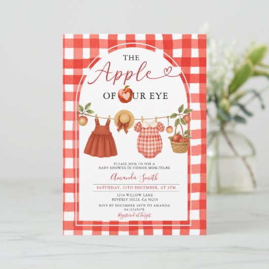 Apple Clothesline Fall Rustic Gingham Baby Dusche Einladung (Stehend Vorderseite)
