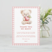 Apple Eye Gingham Bear Baby Shower Danke Karte (Stehend Vorderseite)