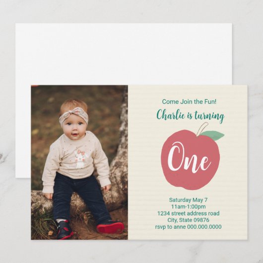 Apple First Birthday Foto Einladung (Vorne/Hinten)