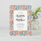 Apple Floral Coral Pink Navy Einladung Hochzeit (Stehend Vorderseite)