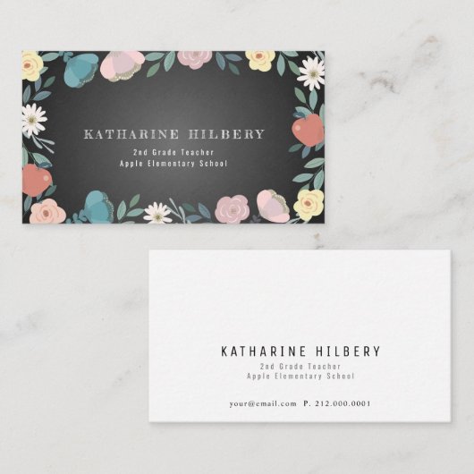 Apple Floral Garden Black Chalkboard Lehrer Visitenkarte (Vorne/Hinten)