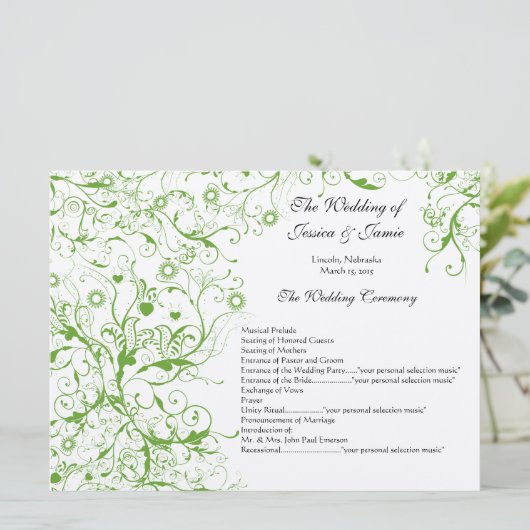 Apple Green Birds Swirl Order of Service Einladung (Stehend Vorderseite)