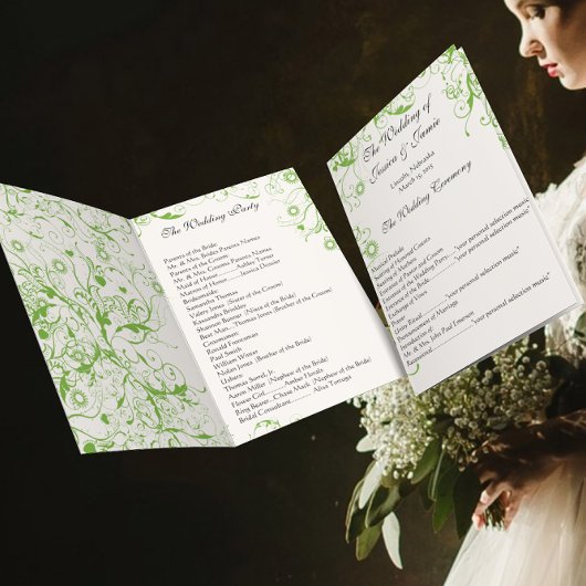 Apple Green Birds Swirl Order of Service Einladung