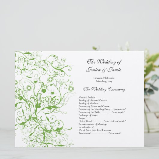 Apple Green Black Birds Swirl Order of Service Einladung (Stehend Vorderseite)