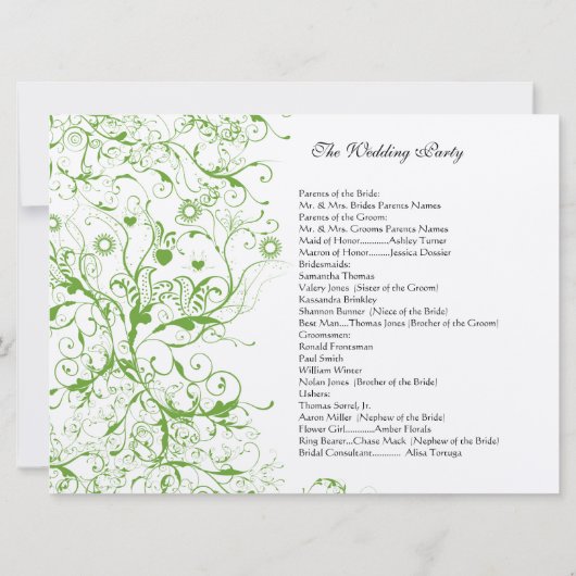 Apple Green Black Birds Swirl Order of Service Einladung (Rückseite)