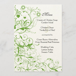Apple Green & Black Birds Swirl Wedding Menu Menükarte