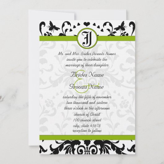 Apple Green Black Bubble Bee Damask Wedite Einladung (Vorderseite)