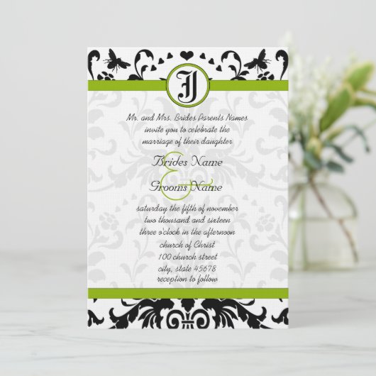 Apple Green Black Bubble Bee Damask Wedite Einladung (Stehend Vorderseite)