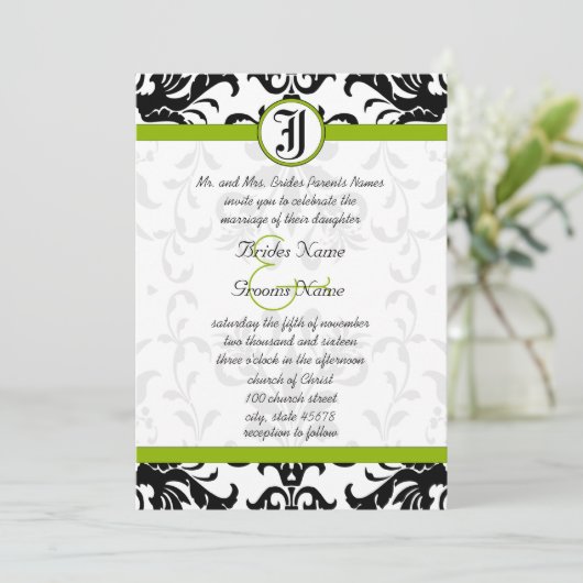 Apple Green & Black Damask Einladung (Stehend Vorderseite)