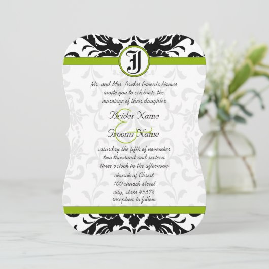 Apple Green & Black Damask Einladung (Stehend Vorderseite)