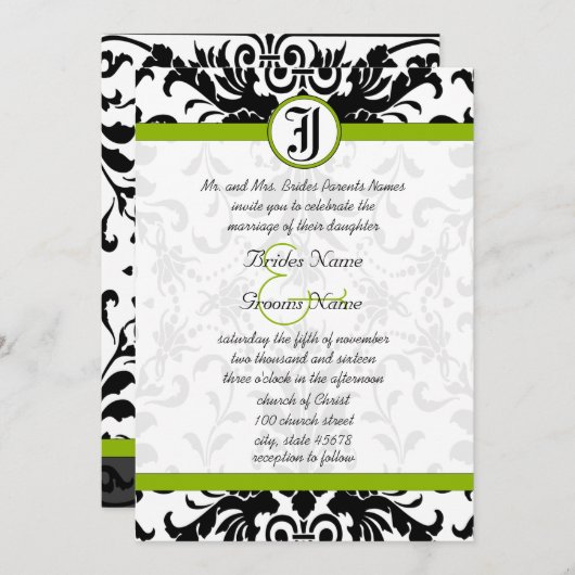 Apple Green & Black Damask Einladung (Vorne/Hinten)