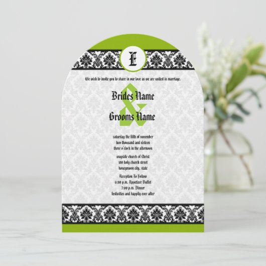 Apple Green & Black Damask Einladung (Stehend Vorderseite)