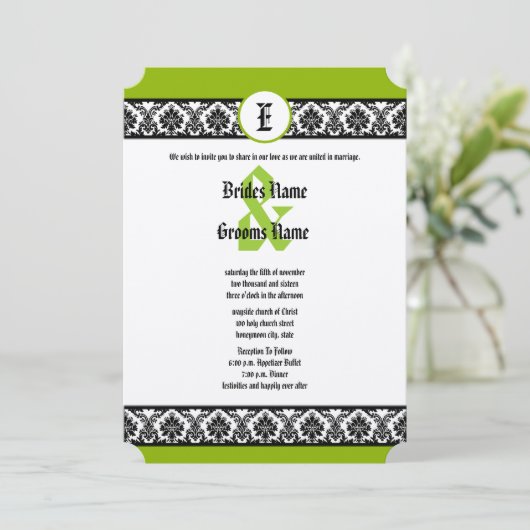Apple Green & Black Damask Einladung (Stehend Vorderseite)