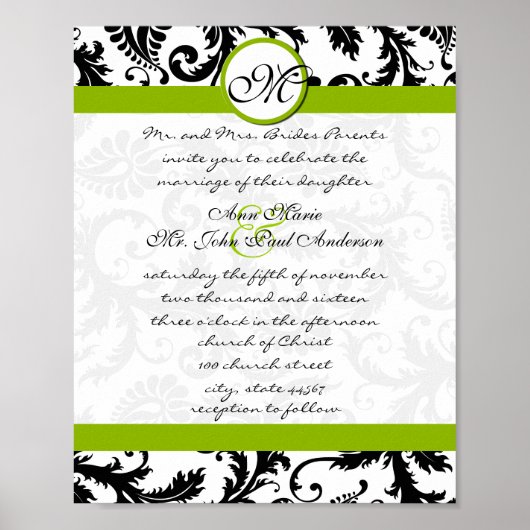 Apple Green Black Damask Einladung Poster (Vorne)