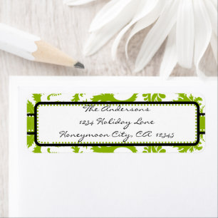 Apple Green & Black Damask Swirl Dot-Adressetikett