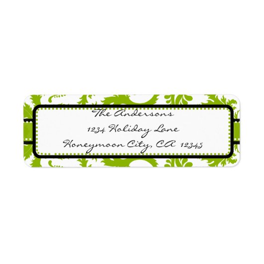 Apple Green & Black Damask Swirl Dot-Adressetikett (Vorne)