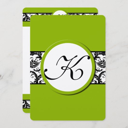 Apple Green Black Damask Wedding lädt Wide Band ei Einladung (Vorne/Hinten)