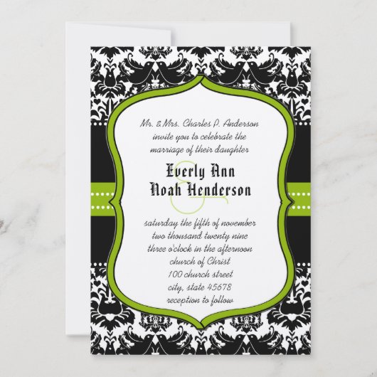 Apple Green Black Love Birds Damask Wedding Einladung (Vorderseite)