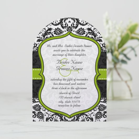Apple Green Black Vintag Damask Wedding Einladung (Stehend Vorderseite)