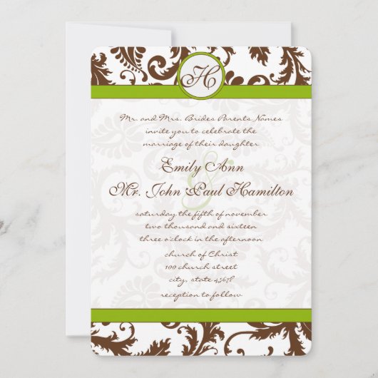 Apple Green & Brown Damask Einladung (Vorderseite)