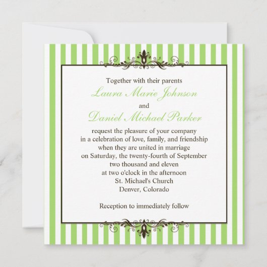 Apple Green, Brown, White Stripes Scrolls laden ei Einladung (Rückseite)