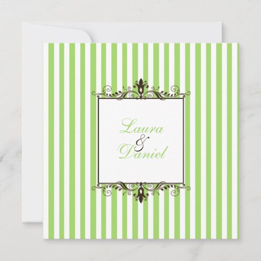 Apple Green, Brown, White Stripes Scrolls laden ei Einladung (Vorderseite)