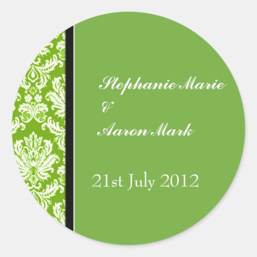 Apple Green Classic Damask Wedding Label Sticker (Vorderseite)