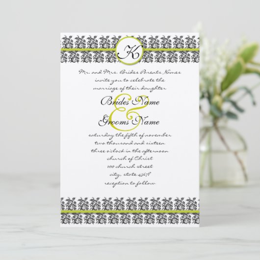 Apple Green Damask Borders Wedding Invitation Einladung (Stehend Vorderseite)
