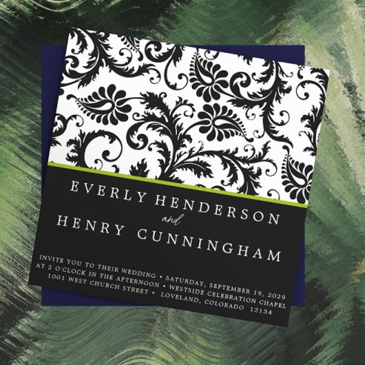 Apple Green Damask Monogram Wedding Einladung