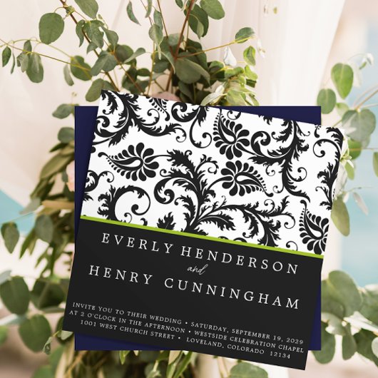 Apple Green Damask Monogram Wedding Einladung