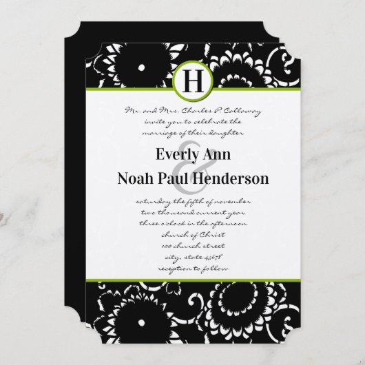 Apple Green Damask Sonnenblumen Einladung Hochzeit (Vorne/Hinten)