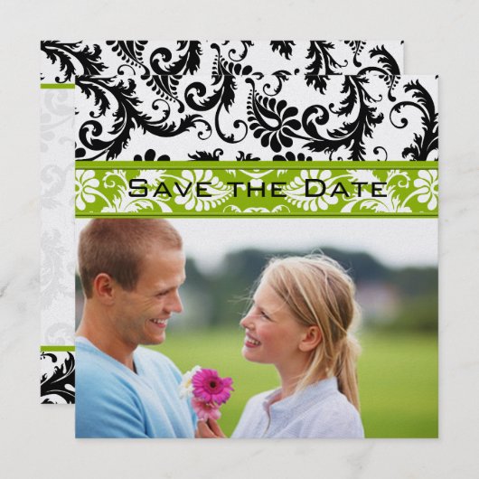 Apple Green Damask-Wirbel beim Hochzeitstich speic Save The Date (Vorne/Hinten)