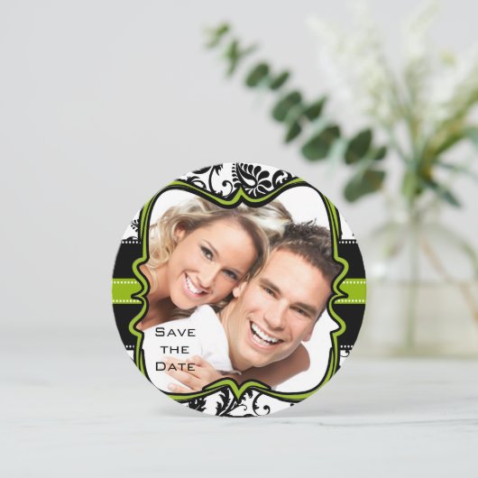 Apple Green Damask-Wirbel beim Hochzeitstich speic Save The Date (Stehend Vorderseite)