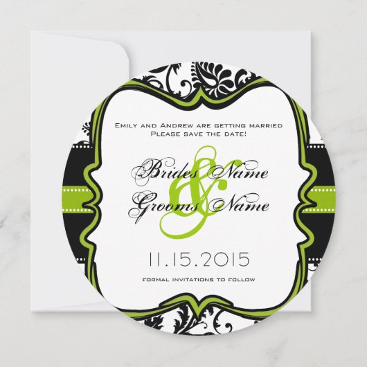 Apple Green Damask-Wirbel beim Hochzeitstich speic Save The Date (Rückseite)