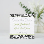 Apple Green Damask-Wirbel beim Hochzeitstich speic Save The Date (Stehend Vorderseite)
