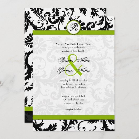 Apple Green Damask Wirbel Hochzeitsfeier Einladung (Vorne/Hinten)