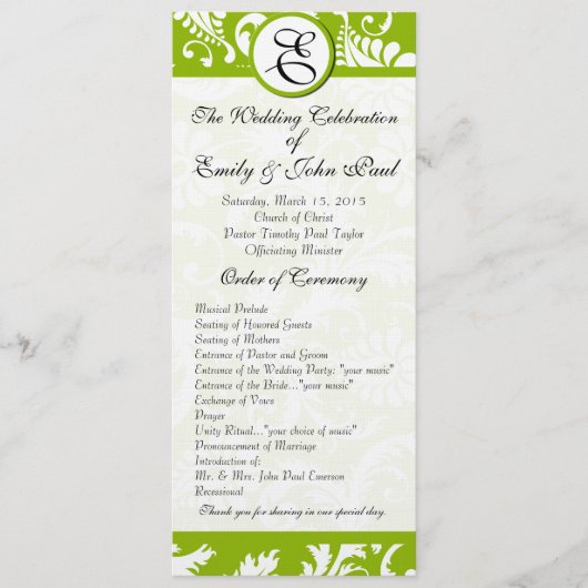 Apple Green Damask Wirbel Hochzeitsprogramm Programm (Vorderseite)