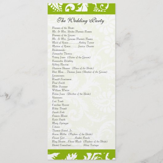 Apple Green Damask Wirbel Hochzeitsprogramm Programm (Rückseite)