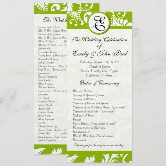 Apple Green Damask Wirbel Hochzeitsprogramm Programm (Vorne/Hinten)