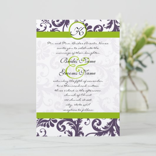 Apple Green Lapis Lila Damask Einladung (Stehend Vorderseite)