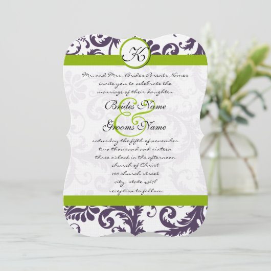 Apple Green Lapis Lila Damask Einladung (Stehend Vorderseite)