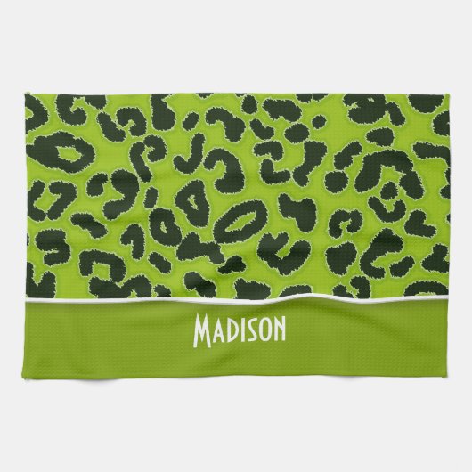 Apple Green Leopard Animal Print; Personalisiert Handtuch (Horizontal)