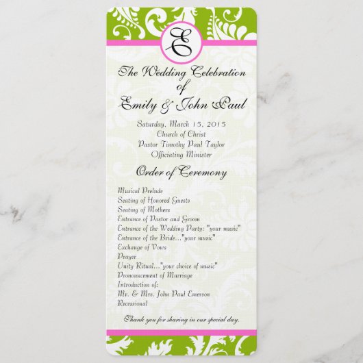 Apple Green & Pink Damask Wirbel Hochzeitsprogramm Programm (Vorderseite)
