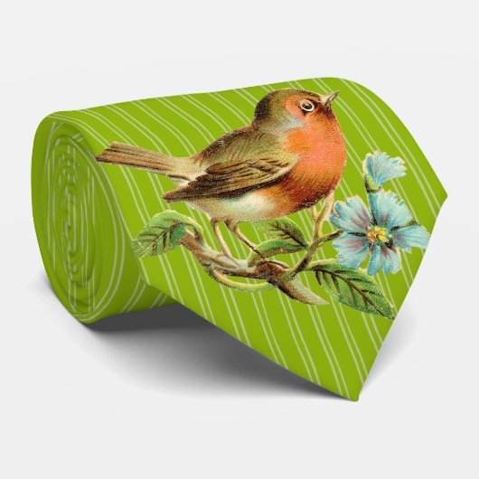 Apple Green Stripes Vintag Bird Wedding Krawatte (Gerollt)