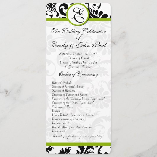 Apple Green Trim Black Damask Wedding Program Programm (Vorderseite)